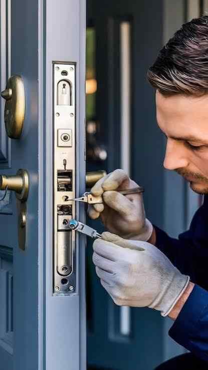 Commercial locksmith working on storefront and business door hardware in Yelm Washington